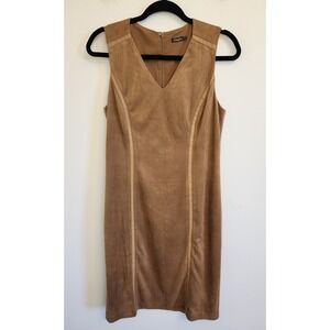 J McLaughlin Faux Suede Shift‎ Dress Medium Vegan Leather Trim Tan Western